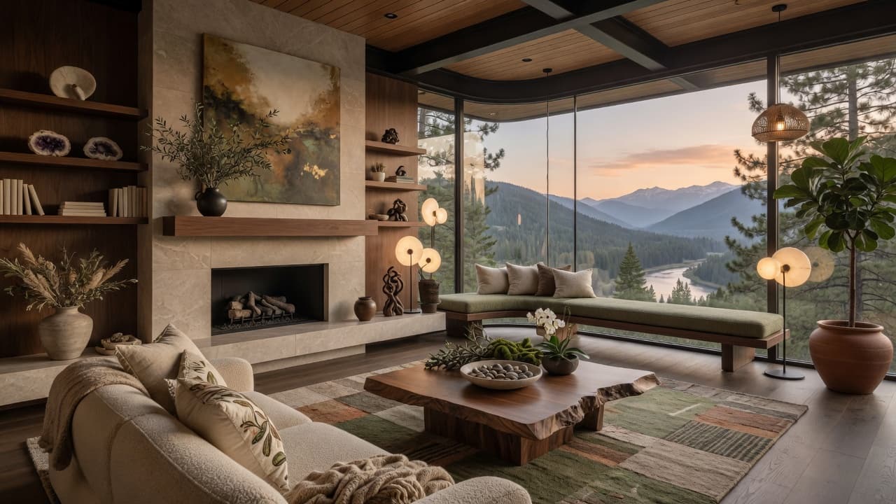 Warm biophilic interior with natural materials, fireplace, and mountain view